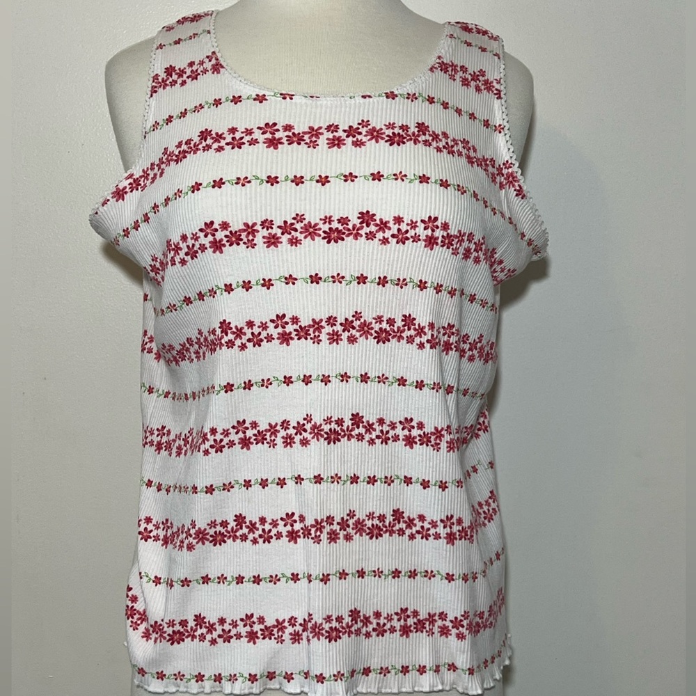 Floral Striped Ribbed Tank Top - White and Pink